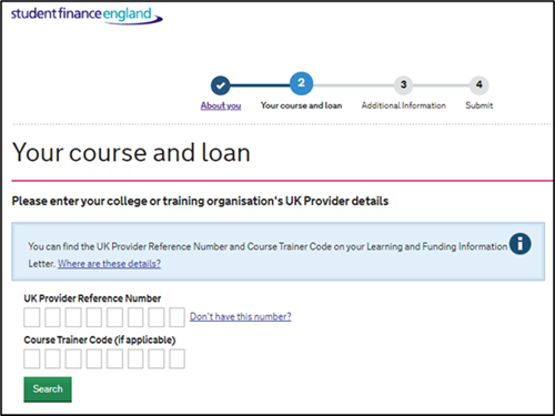 An image form the SFE ALL application page with fields for the learner to enter their provider's details.