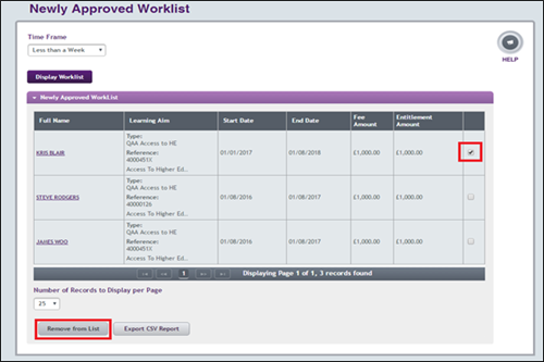 An image of the Newly Approved Worklist page with the checkbox in the last column and the Remove from List button both highlighted with a red rectangle.