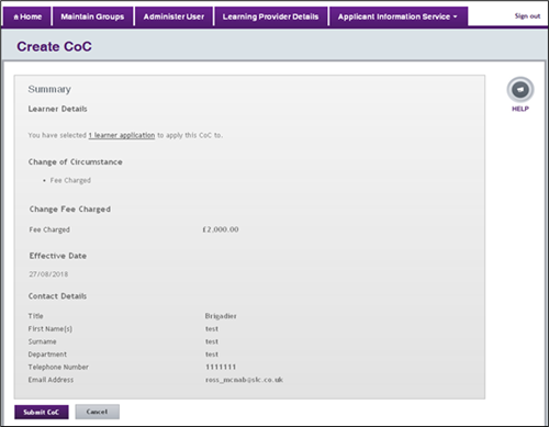An image of the CoC summary page showing the details of the CoC.