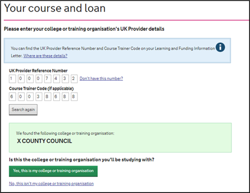 An image of the SFE ALL application page with results after the learner has searched for their provider details.