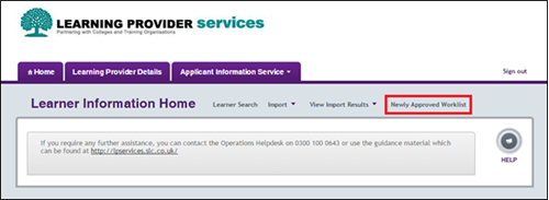 An image of the Learner Information Home page with the Newly Approved Worklist menu highlighted with a red rectangle.