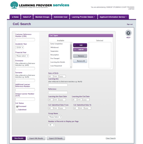 An image of the coc search page in the LP Portal.
