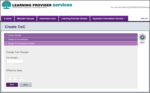 An image of the CoC Details tab open showing the effective date entry box on the Create CoC page in the LP Portal.