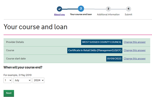 An image of the SFE ALL application page with fields for the learner to enter their course end date.