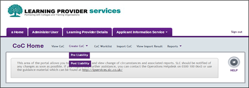 An image of the CoC Home page illustrating the post and pre liability dropdown options.
