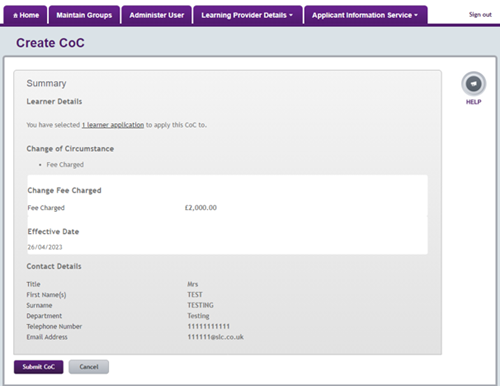 An image of the CoC summary page ater creating a CoC in the LP Portal.