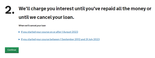 An image of the SFE ALL application page with number 2 and the message, 'You will be charged interest while you are studying. The current interest rate is 5.4% but this could change.' along with a green continue button.