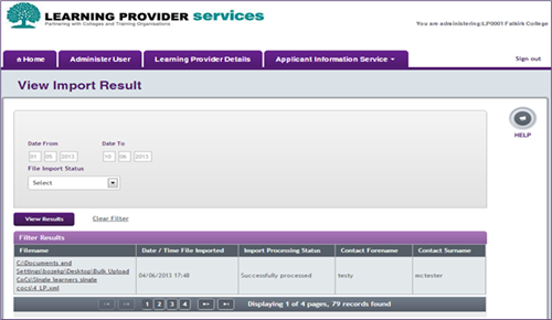 An image of the view import results page with the filter results tab open.