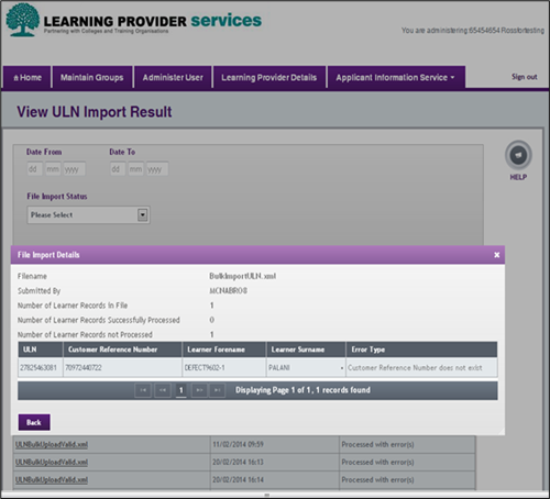 An image of the View ULN Import Result page with the File Import Deatils popup. 