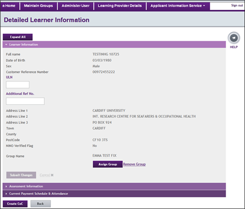 An image of the Learner Information tab open on the Detailed Learner Information tab in the LP Portal.