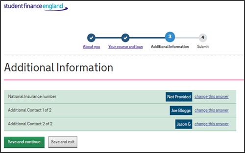 An image of the SFE ALL application summarising the additional information the learner has entered and the options to select save and continue or save and exit.
