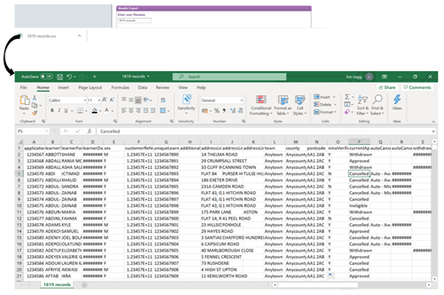 Selecting the downloaded csv file opens it in Excel.