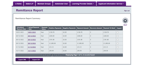 An image of the remittance report summary page with export buttons visible.