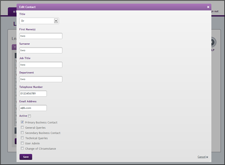 An image of the learning provider details page, with the edit contact details popup open.
