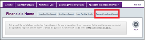 An image of the financials home page highlighting the payment instalment report menu option.