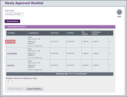 An image with the Newly Approved Worklist displayed and the first learner name in the list highlighted with a red rectangle.