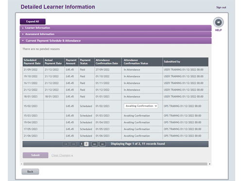 An image of the Current Payment Schedule tab open in the Detailed Learner Information page in the LP Portal.