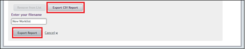 An image of the Export csv Report and Export Report buttons on the Newly Approved Worklist Page highlighted with red rectangles.