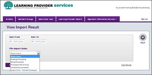 An image of the view import results page showing the status dropdown menu.