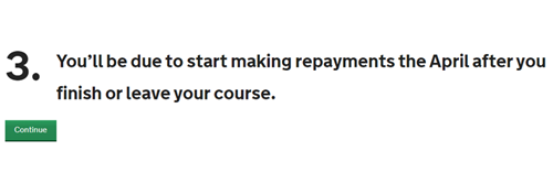 An image of the SFE ALL application page with the number 3 and the message, 'We'll charge you interest until you've repaid your loan in full or, until we cancel your loan 30 years after you entered repayment.' along with a green continue button.