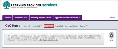 An image of the CoC Home page in the LP Portal,  the CoC worklist menu option is highlighted with a red rectangle.