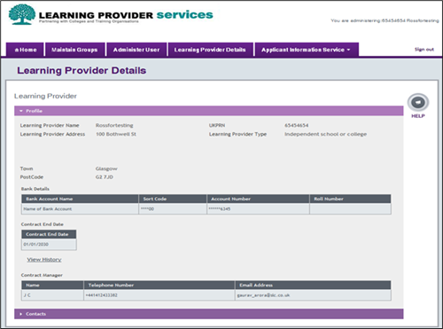 An image of the Learning Provider dDetails page showing the contract end date and other details.