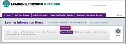 An image of the Learner Information Home page with the Import dropdown menu open and the Import ULN option highlighted with a red box.