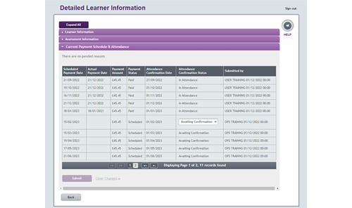 An image showing which tab to use to confirm attendance from the detailed learner information page.