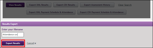 An image of the export results popup with the export results button highlighted with a red rectangle, in the learner details page.