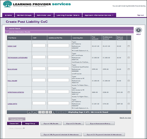An image of the create post liability coc page, with the learner information results tab open.