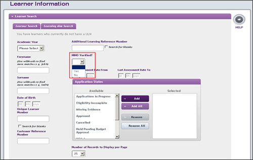 An image of the learner search page with the National Insurance number section highlighted in red.
