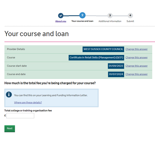An image of the SFE ALL application page with a field for the learner to enter their course fee.