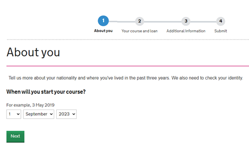 An image of the SFE ALL application page asking 'are you a UK national' with the options yes and no in green buttons.