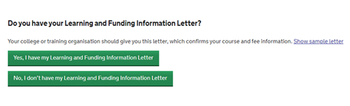 An image from the SFE ALL application asking the learner if they have their Learning and Finding information letter, with the options yes and no in green buttons.