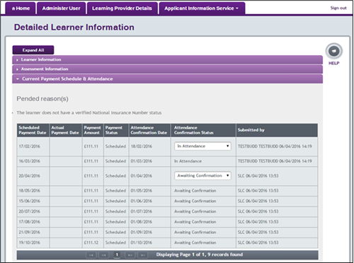 An image of the Current Payment Schedule tab open in the Detailed Learner Information page in the LP Portal.