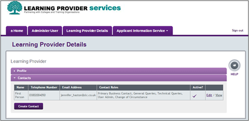 An image of the learning provider details page, open on the contacts tab.