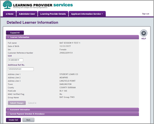 An image of the Learner Information tab open on the Detailed Learner Information page of the LP Portal.
