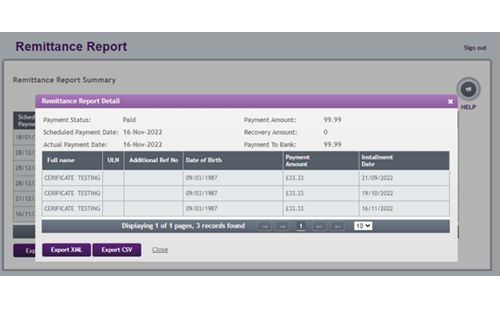 An image of the remittance report detail tab open in the remittance report summary page.
