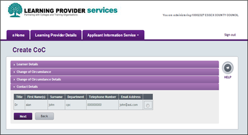 An image of the create CoC page in the LP Portal with the contact details tab highlighted.