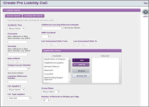 An image of the create pre liability coc page in the LP portal, open on the learner search tab.