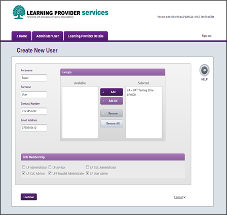 An image of the Create New User page in the LP Portal.