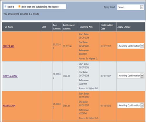 An image showing the attendance worklist highlighting learners with more than one attendance outstanding in orange.