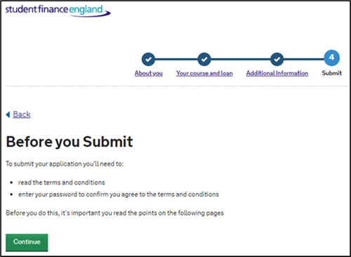 An image of the SFE ALL application page advising learners that they will need to read the terms and conditions and enter their password to confirm acceptance of them.