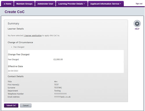 An image of the CoC summary page ater creating a CoC in the LP Portal.
