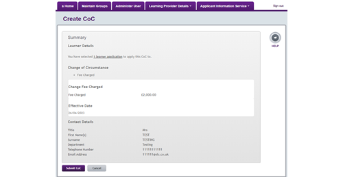 An image of the CoC options dropdown in the Create CoC page in the LP Portal.