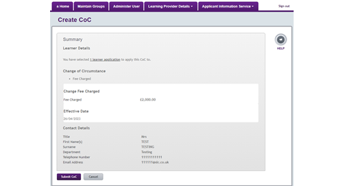An image of the Contact Details tab open on the Create CoC page.