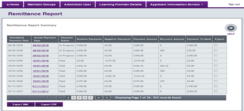 An image of the remittance report summary page with export buttons visible.