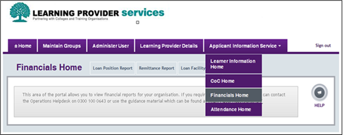 An image of the financials home page and menu to navigate to it.
