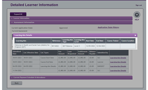 An image of the Learning Aima Details pop up open on the Deatiled Learner Information page in the LP Portal.