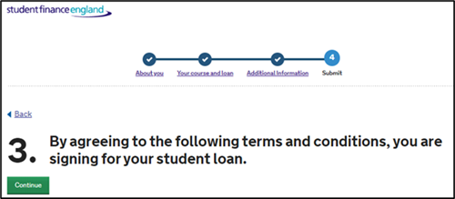 An image of the SFE ALL application with the third term, By agreeing to the following terms and conditions, you are signing for your student loan.